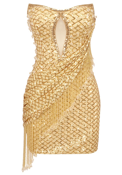 Eorl Strapless Sequin Tassel Mini Dress In Gold