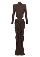 Gneissa Long Sleeve Cutout Draped Maxi Dress In Brown