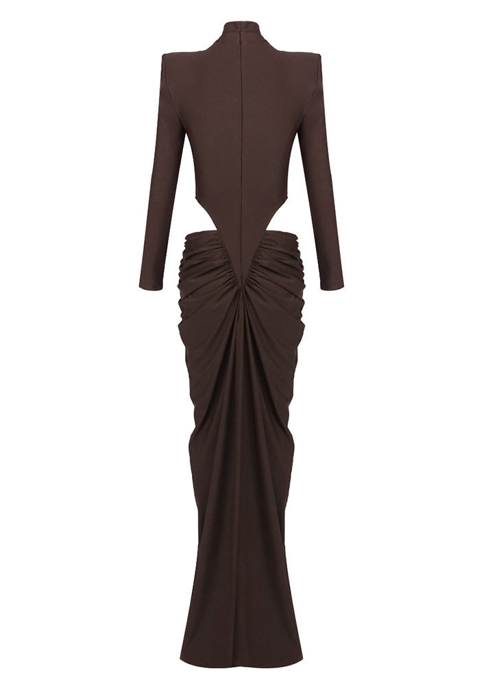 Gneissa Long Sleeve Cutout Draped Maxi Dress In Brown