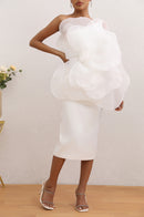 Zayne Mesh Flower One Shoulder Midi Dress In White