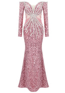 Arlyn Long Sleeve Bardot Crystal Sequin Maxi Dress In Pink