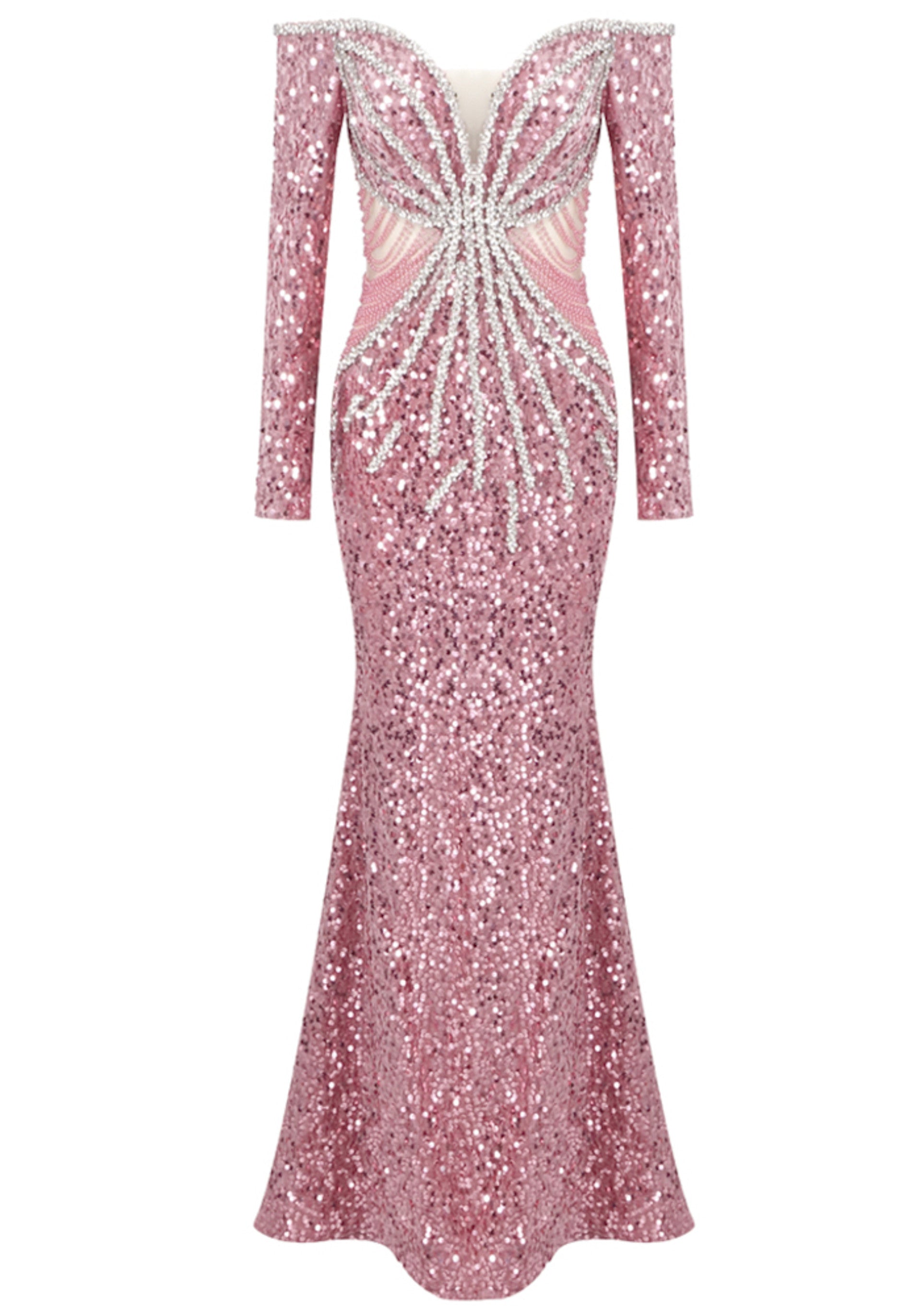 Arlyn Long Sleeve Bardot Crystal Sequin Maxi Dress In Pink