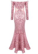 Arlyn Long Sleeve Bardot Crystal Sequin Maxi Dress In Pink