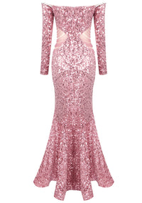 Arlyn Long Sleeve Bardot Crystal Sequin Maxi Dress In Pink