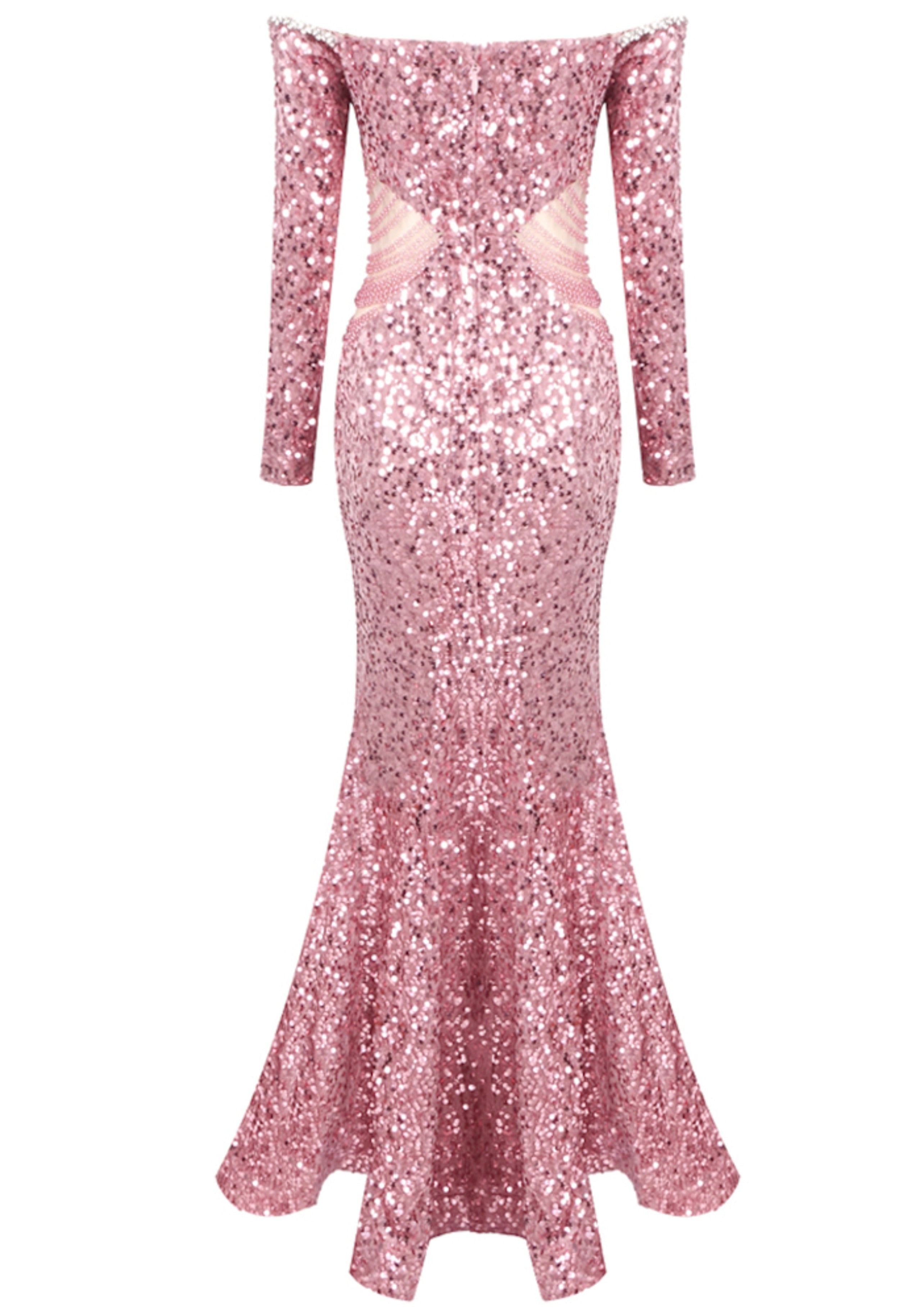 Arlyn Long Sleeve Bardot Crystal Sequin Maxi Dress In Pink