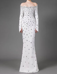 Uryndel Long Sleeve Crystal A Line Maxi Dress In White
