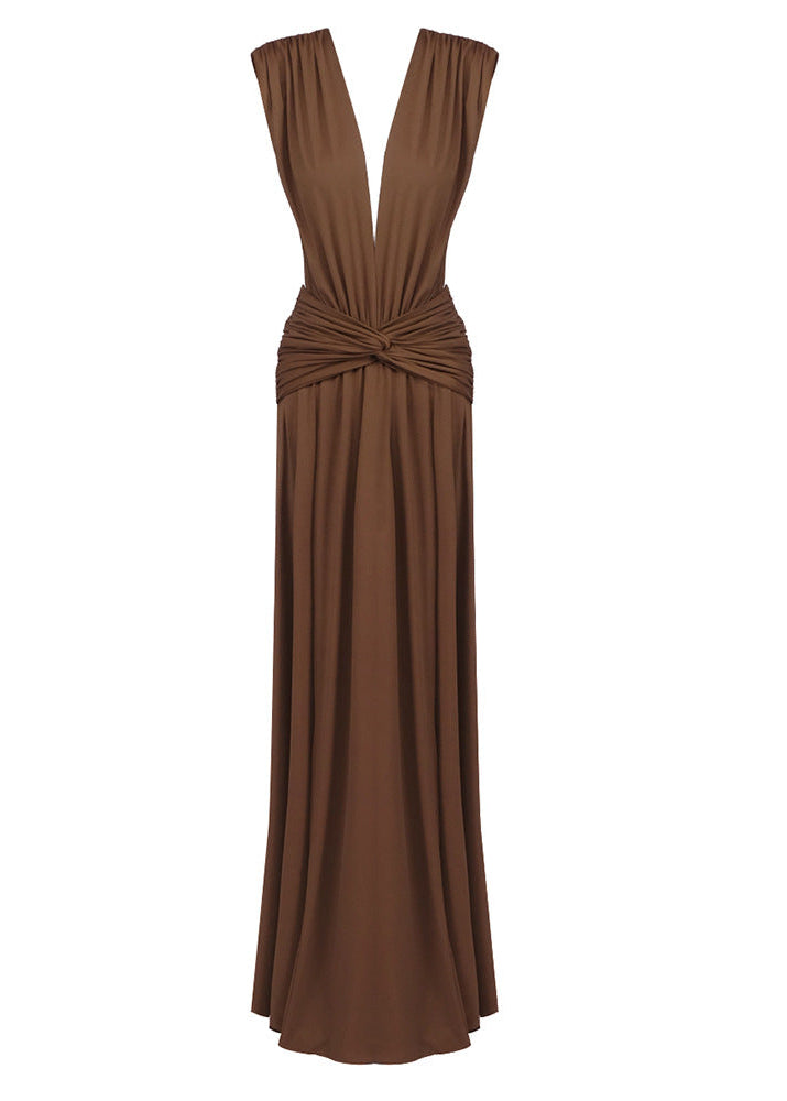 Velythar Gathered Sleeveless Deep V Maxi Dress