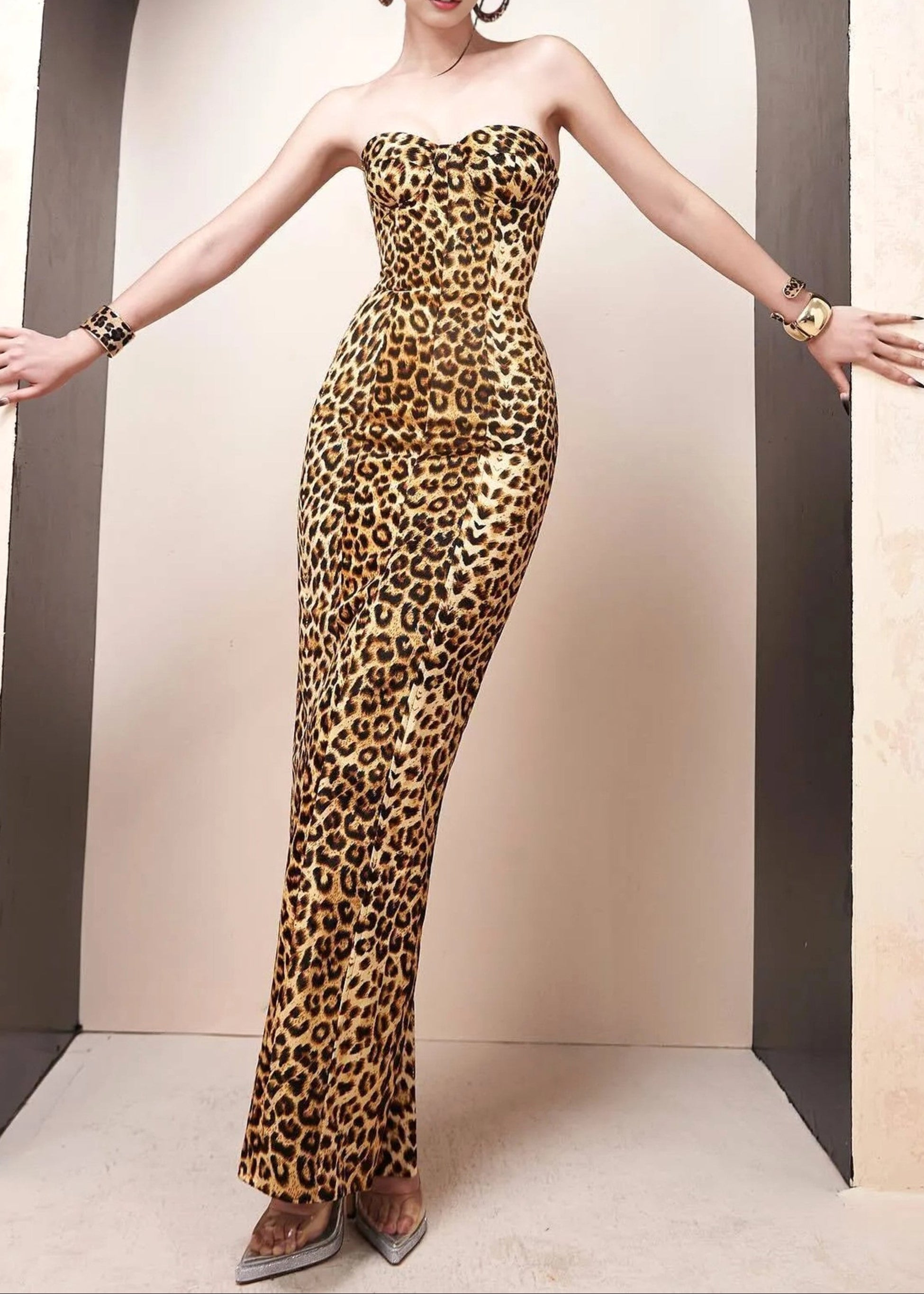Aimilios Animal Print Strapless Bustier Maxi Dress