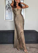 Katherine Gold Glossy Pleated Corset Maxi Dress