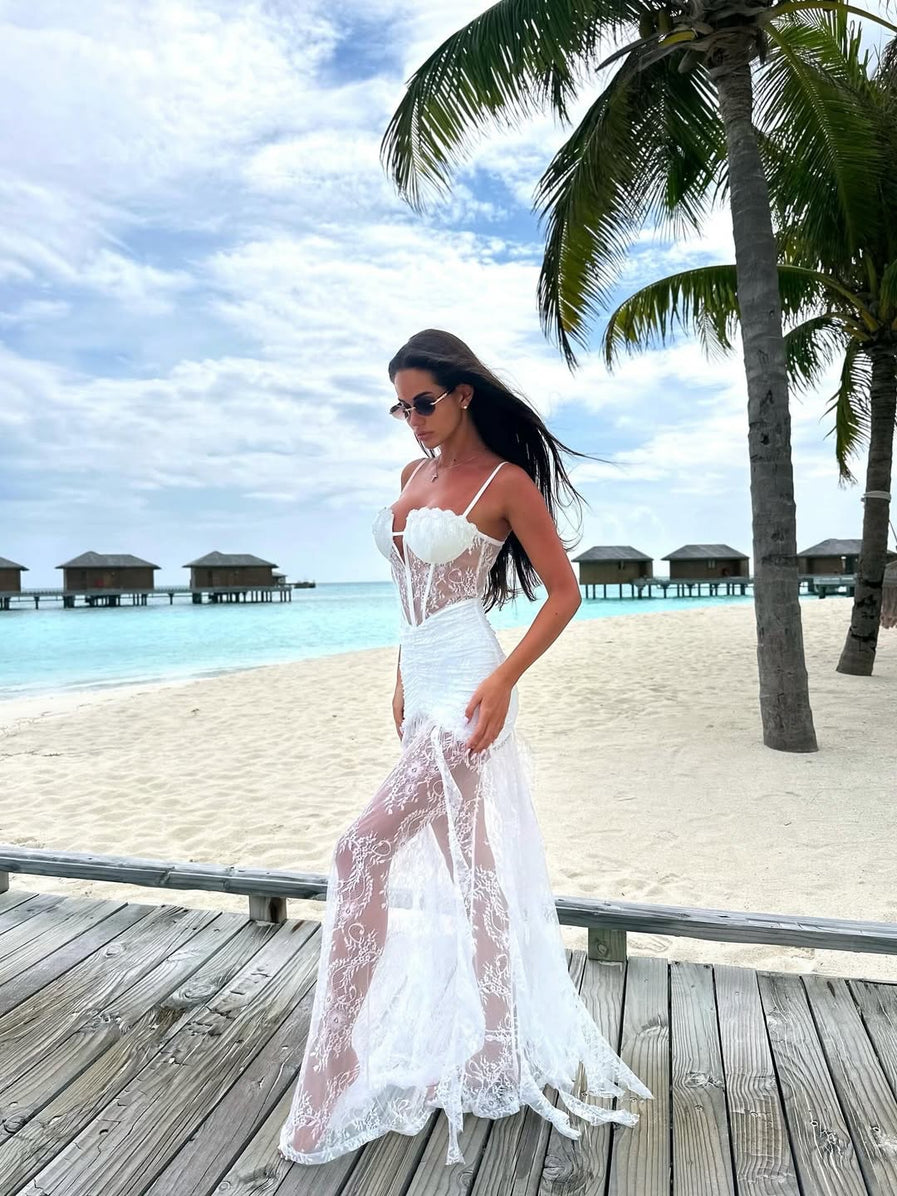 Jexara Lace Ruched Corset Maxi Dress In White