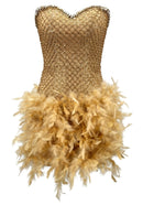 Geodar Crystal Strapless Feather Mini Dress In Gold