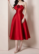 Valphyx Flower Satin Strapless Midi Dress In Red
