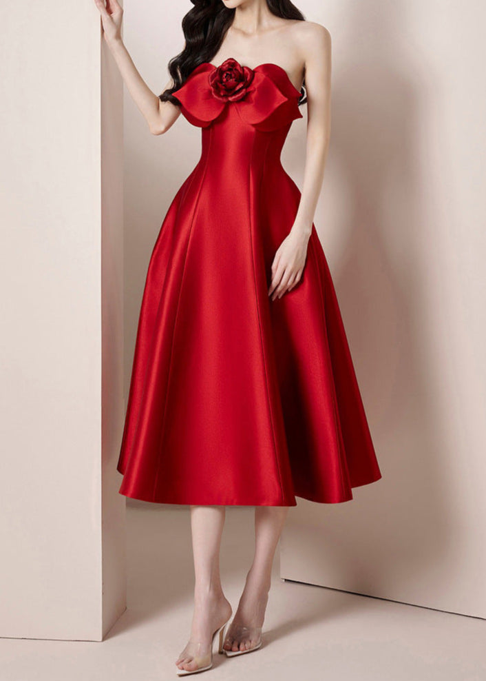 Valphyx Flower Satin Strapless Midi Dress In Red