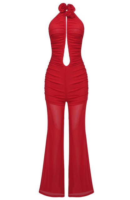 Aiyana Strapless Floral Ruched Jumpsuit In Red