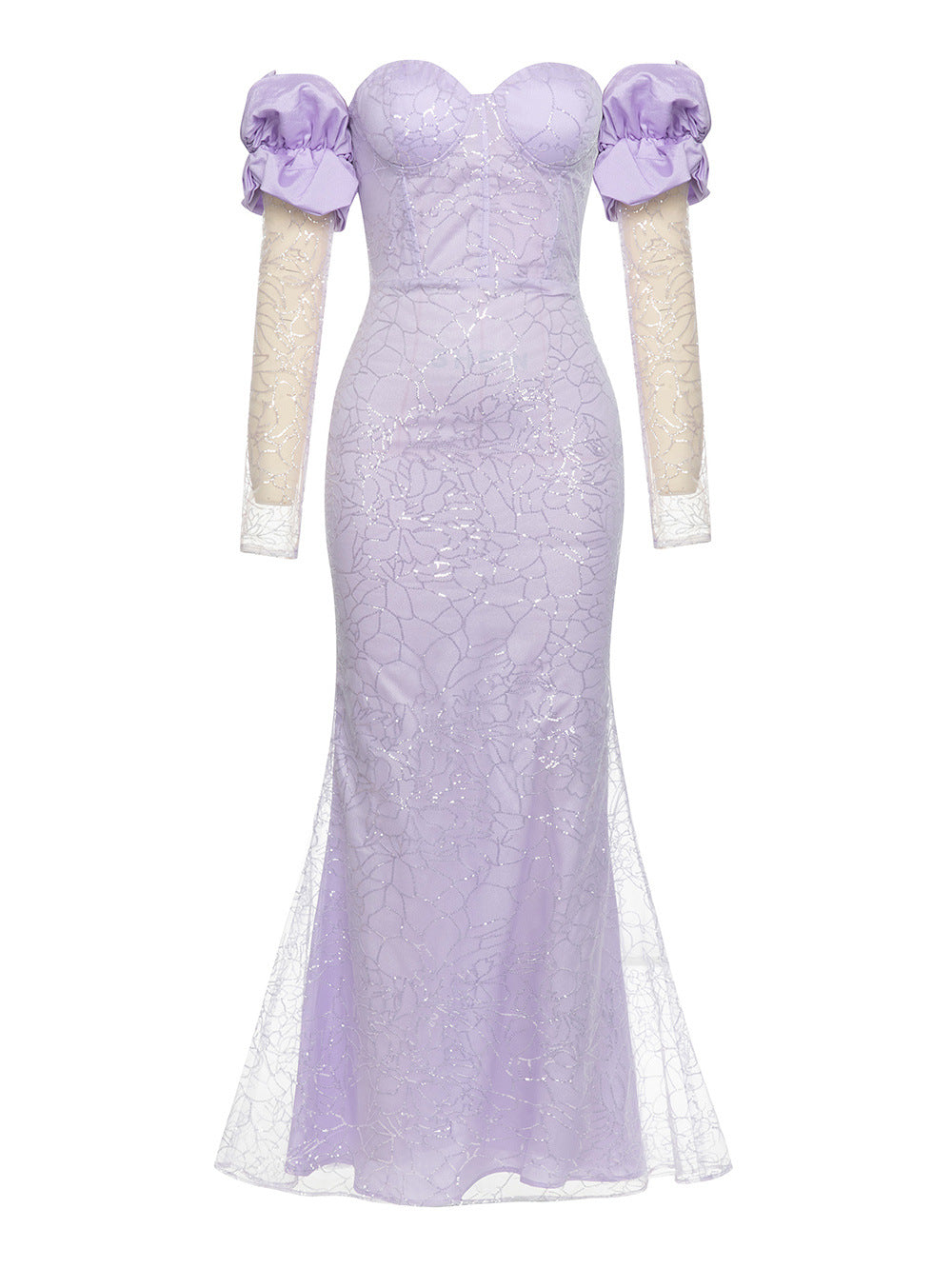 Raiden Mesh Patchwork Sequin Strapless Maxi Dress In Purple