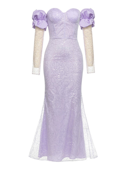 Raiden Mesh Patchwork Sequin Strapless Maxi Dress In Purple