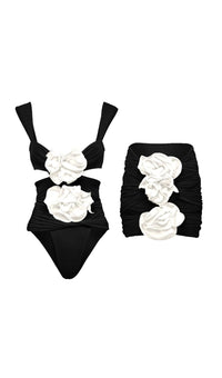 Aizen 3d Flower One Piece Swimsuit And Skirt In Black