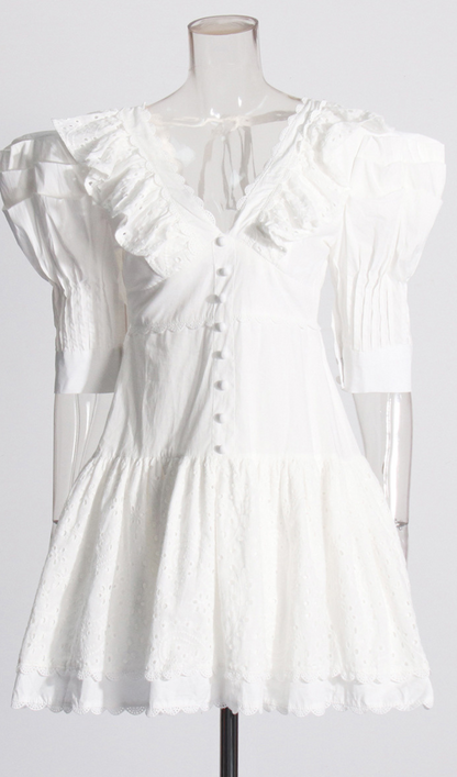 Makoto V-Neck Embroidered Ruffled Mini Dress In White