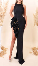 ARAVINDA HALTER FLOWER SLIT MAXI DRESS-Fashionslee