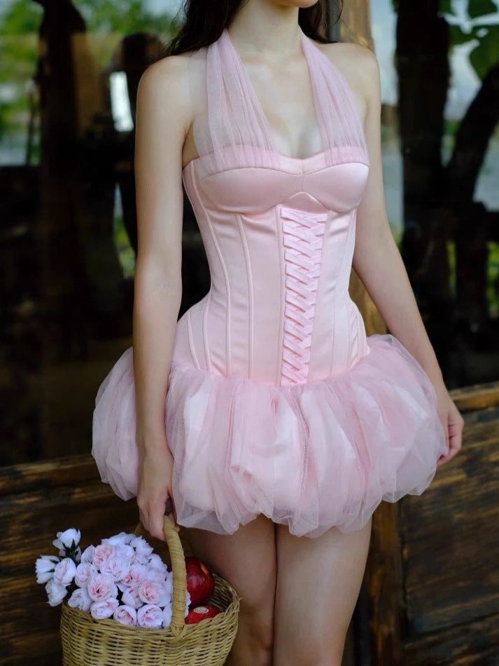 Baines Halter Lace Up Detail Bubble Mini Dress In Pink