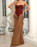 Althorin Strapless Corset Draped Maxi Dress In Brown