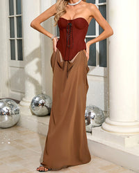 Althorin Strapless Corset Draped Maxi Dress In Brown