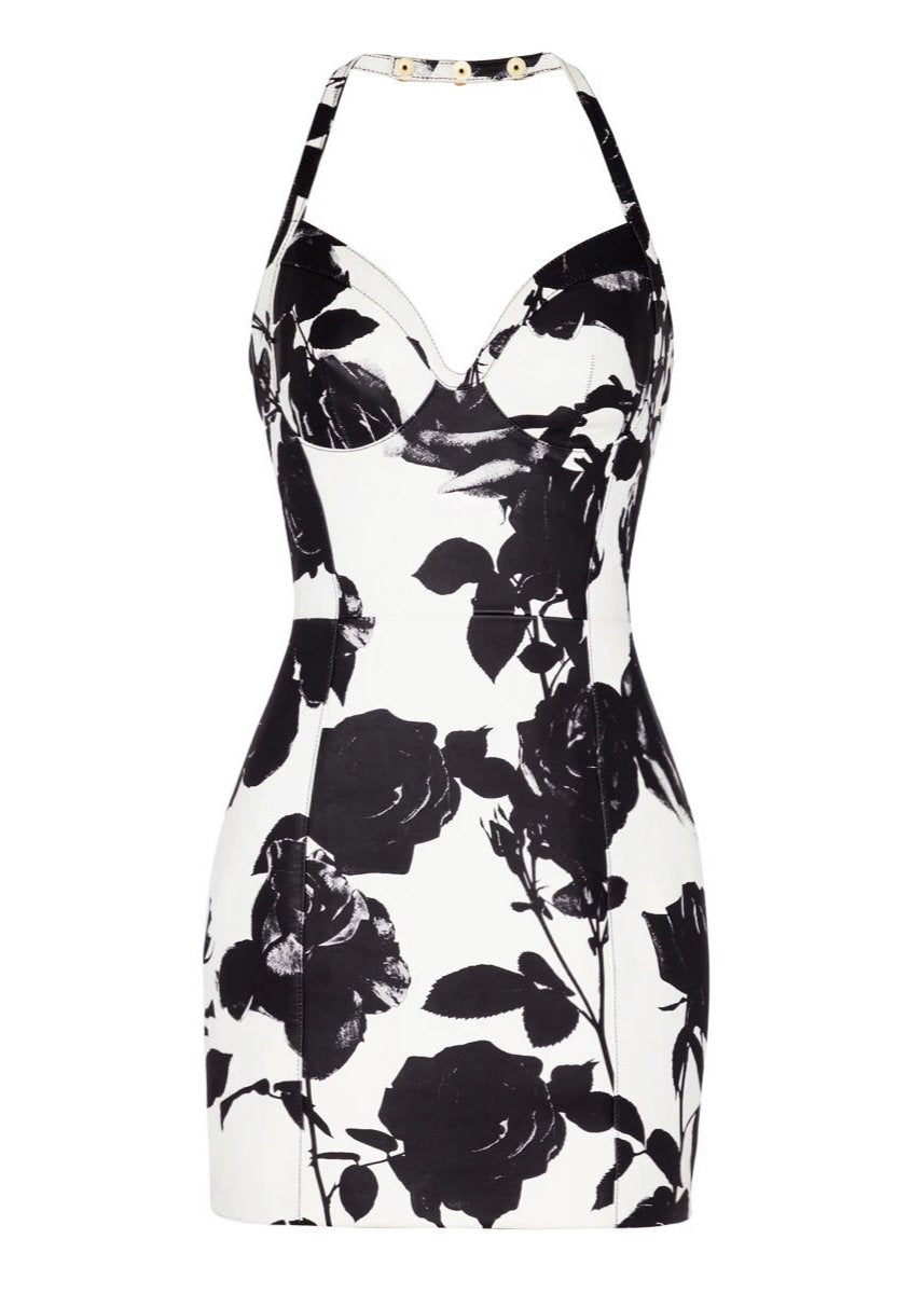 Siesen Two-Tone Floral-Print Leather Mini Dress