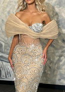 Rhenja Bardot Sequin Bustier Maxi Dress In Peach