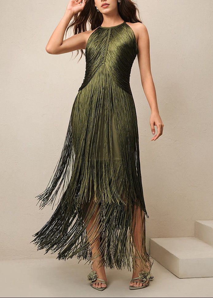 Natesa Halter Tassel Maxi Dress In Green