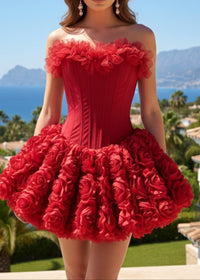 Lizzie Strapless Petal Floral Corset A Line Mini Dress In Red