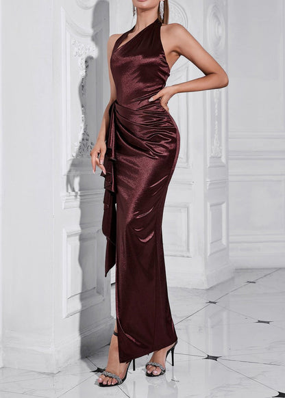 Lucille Ruched Halter Backless Maxi Dress In Brown