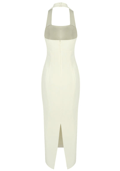 Revelle Halter Button Detail Maxi Dress In Ivory