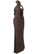 Lithany Halter Ruched Maxi Dress In Brown