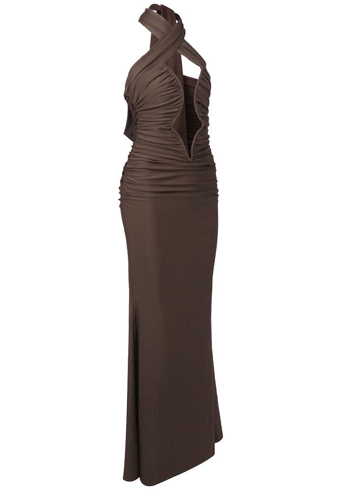 Lithany Halter Ruched Maxi Dress In Brown