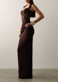 Luxyvar Lace Bustier Draped Maxi Dress In Brown