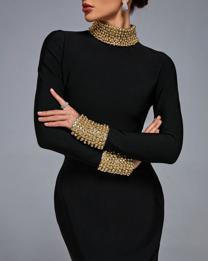 Chiara Long Sleeve Gold Bead Bandage Midi Dress In Black