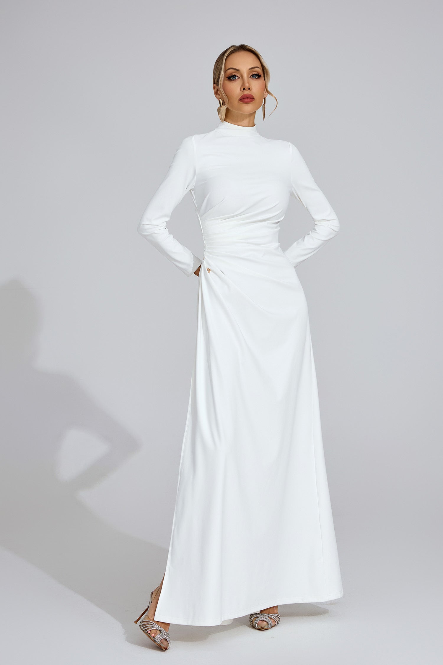 Calyx Long Sleeves Draped Detail Maxi Dress In White