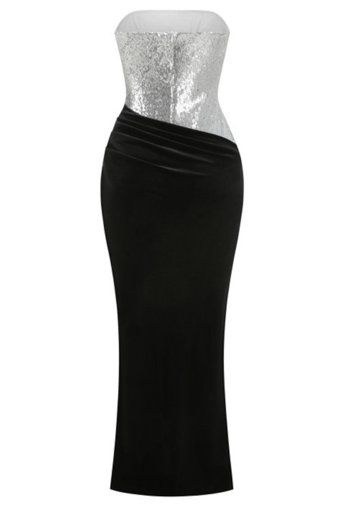 Velthris Strapless Sequin Velvet Maxi Dress