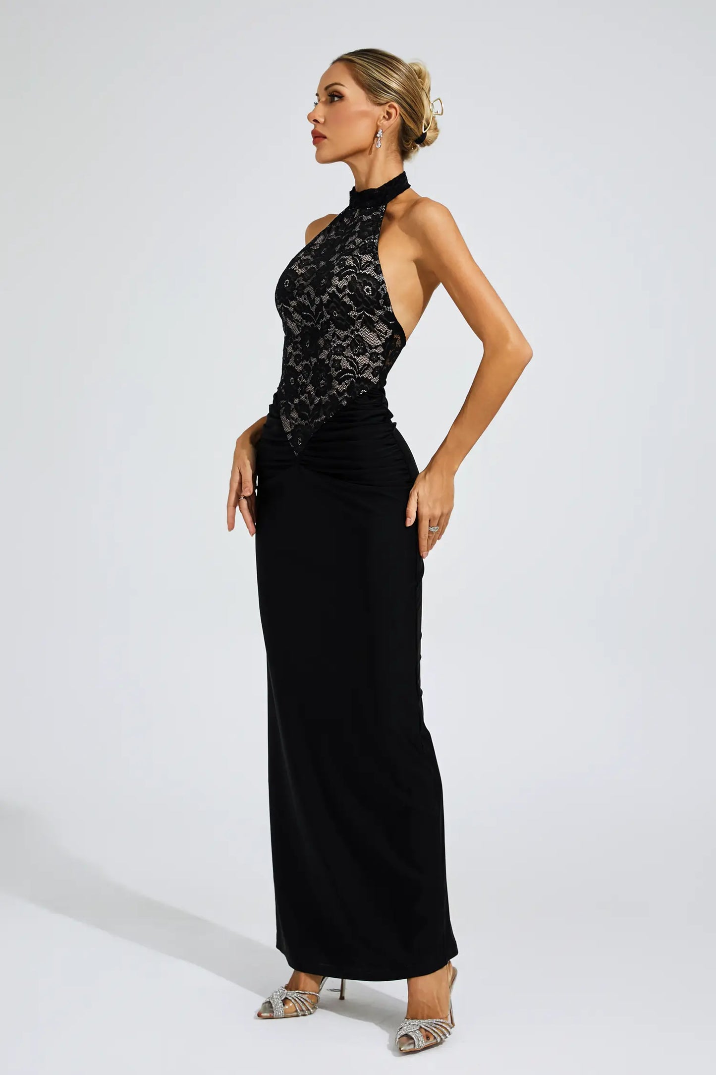 April Halter Neck Lace Bodycon Maxi Dress In Black