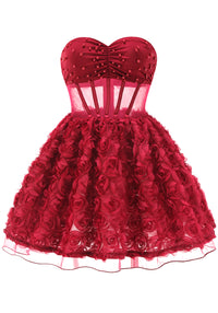 Osorio Strapless Floral Corset A Line Mini Dress In Red