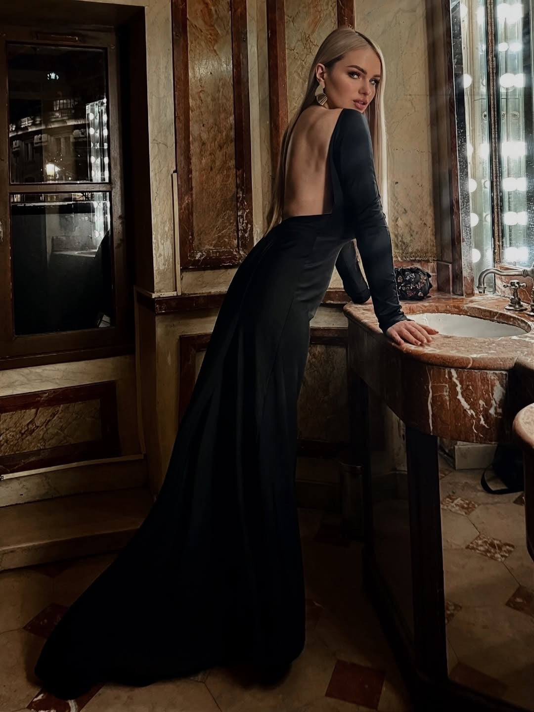 Meghyn Long Sleeve Draped Backless Maxi Dress In Black