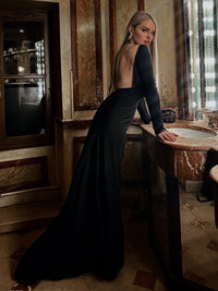 Meghyn Long Sleeve Draped Backless Maxi Dress In Black