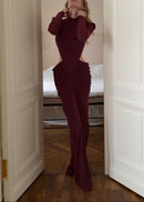Gneissa Long Sleeve Cutout Draped Maxi Dress In Wine Red