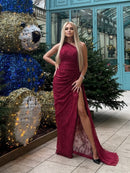 Minya One Shoulder Draped Lace Maxi Dress In Burgundy