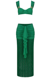 Hryonth Draped Ruffle Tassel Two Piece Maxi Dress In Green