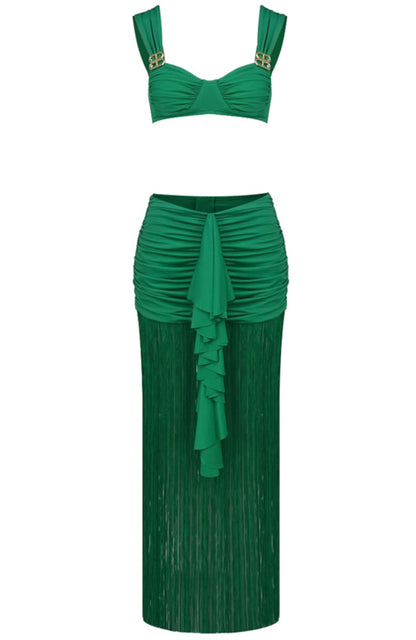 Hryonth Draped Ruffle Tassel Two Piece Maxi Dress In Green