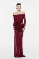 Cryxel Off-Shoulder Draped Mesh Maxi Dress In Wine Red