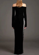 Saelith Long Sleeve Bardot Crystal Mesh Maxi Dress In Black