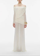 Cryxel Off-Shoulder Draped Mesh Maxi Dress In White
