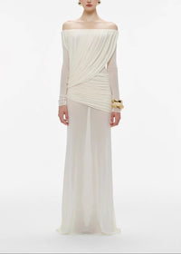 Cryxel Off-Shoulder Draped Mesh Maxi Dress In White